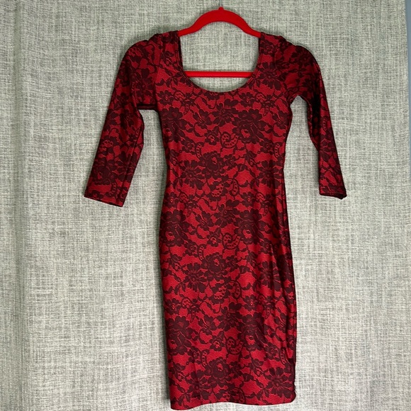 American Apparel Red Lace-Pattern Bodycon Dress - Picture 3 of 6